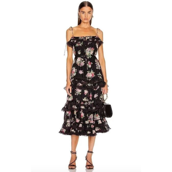 Zimmermann Honour Floral Print Silk Habutai Tiered Midi Dress Black - Picture 1 of 9